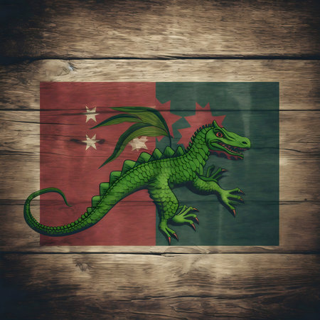 A green dragon on a wooden background with a flag.の写真素材
