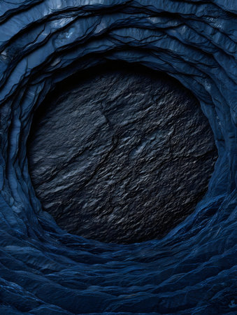 Stunning abstract image of dark blue rock layers creating a mesmerizing circular pattern.の写真素材