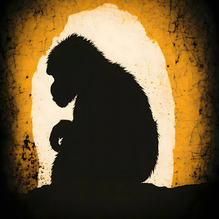 A dark silhouette of a monkey sitting in a grunge cave, against a gold and yellow background.の写真素材