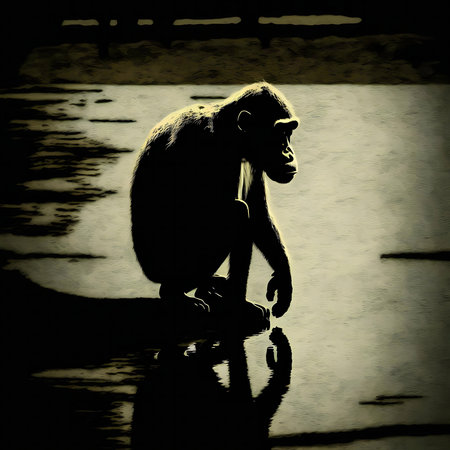 A solitary chimpanzee sits by the water, its silhouette reflected, creating a serene and contemplative mood.の写真素材