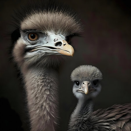 Close-up portrait of a Rhea and her young chick.の写真素材