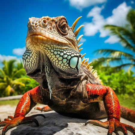 Close-up of a vibrant iguana in a tropical setting.