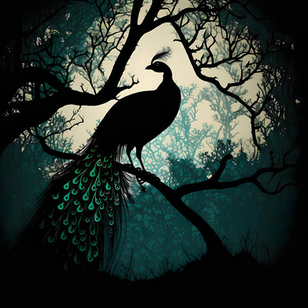 A majestic peacock silhouette perched on a tree branch within a dark, mystical forest. Teal and black tones create an enchanting atmosphere.の写真素材