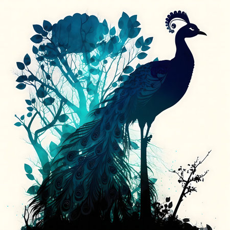 Elegant teal peacock silhouette amidst trees. Mystical and serene.の写真素材