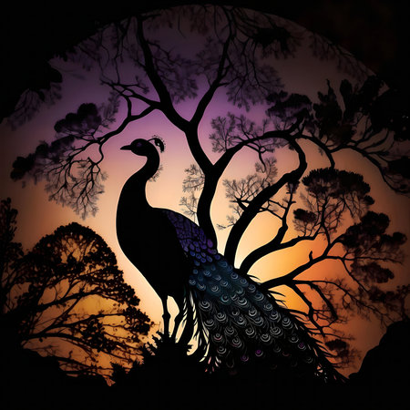 A stunning silhouette of a peacock against a vibrant sunset, framed by dark trees.の写真素材