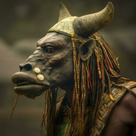 Close-up of a person wearing a striking bull mask and intricately traditional attire.の写真素材
