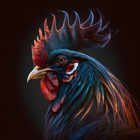 A stunning close-up portrait of a rooster, showing its vibrant plumage and intricate details.の写真素材