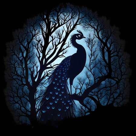 A majestic peacock silhouetted against a moonlit night, perched on a tree branch.の写真素材