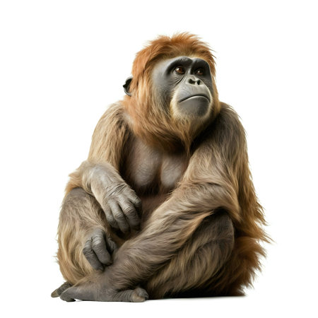 A thoughtful western lowland gorilla sits on a white background.の写真素材