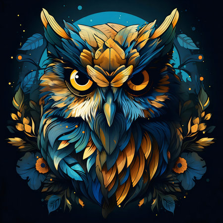 A digital illustration of an owl with blue and gold feathers, surrounded by flowers.の写真素材