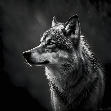 A stunning grayscale digital painting of a wolf, showcasing its intense gaze and majestic presence.