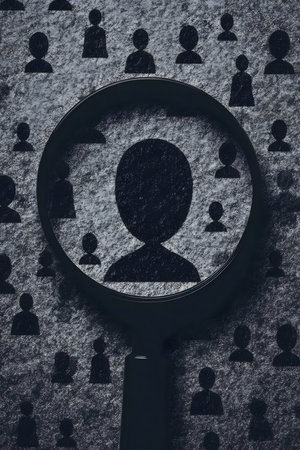 A magnifying glass highlights one person from a crowd, symbolizing the selection process. The image explores themes of focus, individuality and identity.の写真素材