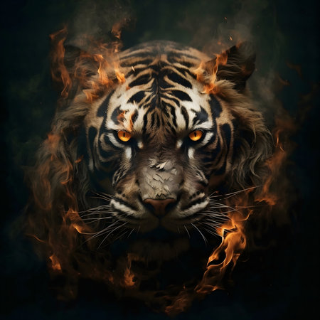 A striking image of a tiger engulfed in flames, showing its power and intensity.の写真素材