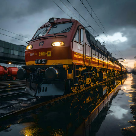 A stunning red train reflects on the rain-soaked tracks at dusk, creating a captivating image.の写真素材