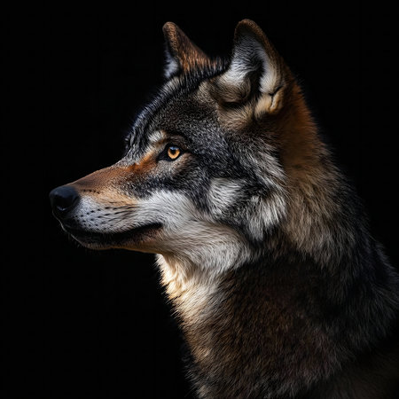 Close-up profile of a wolf against a black background, showing its fur and intense gaze.