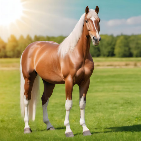 A stunning palomino horse stands gracefully in a sunlit green pasture.の写真素材