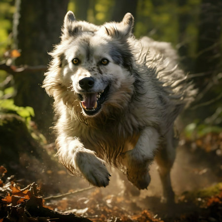 A stunning image of a wolfdog running through an autumn forest. The dog is in motion, with a powerful expressionの写真素材
