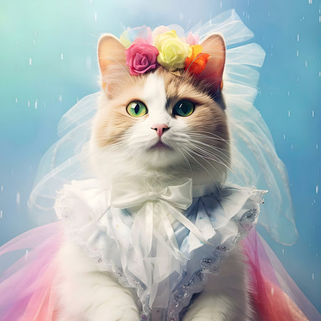 Adorable cat dressed as a bride, wearing a floral crown and veil. Dreamy pastel background.の写真素材