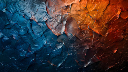 Abstract impasto painting with vibrant blue and orange hues, showcasing bold brushstrokes and a...