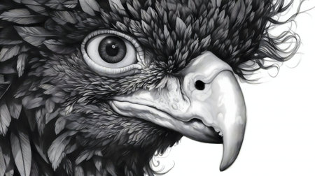 Close-up monochrome portrait of a wedge-tailed eagle. Intense gaze and detailed feathers.の写真素材