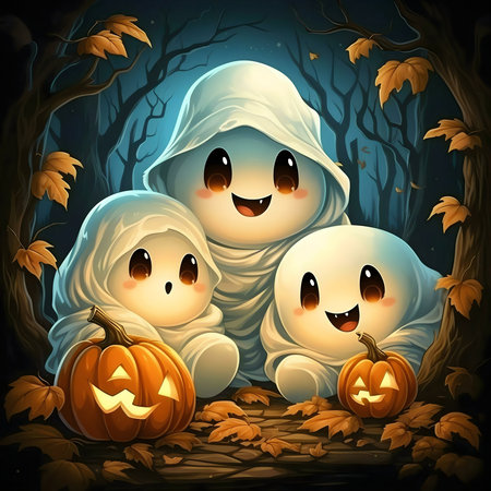 Three cute ghosts celebrate Halloween with pumpkins.の写真素材