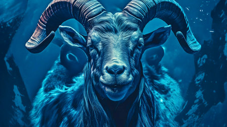 A majestic frame, its horns curving majestically, stares intensely. The deep blue tones create a cryptic, powerful atmosphere.の写真素材
