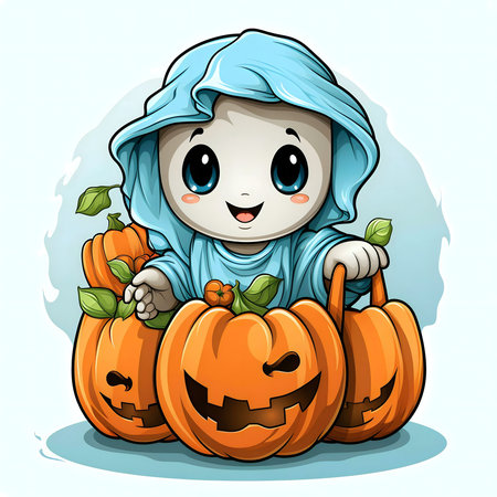 Cute cartoon baby ghost in a blue robe holding pumpkins for Halloween.の写真素材