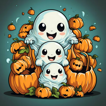 Three charming ghosts nestled amongst a pile of pumpkins. A delightful Halloween scene!の写真素材