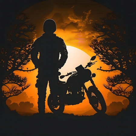 A silhouette of a motorcyclist and his motorcycle at sunset. The image is a vector illustration.の写真素材