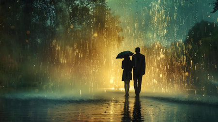 A romantic couple walks hand-in-hand under an umbrella during a heavy rain, creating a moody and serene atmosphere.の写真素材