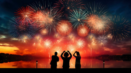 Three silhouetted figures watch a stunning fireworks display over a lake at night.の写真素材