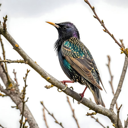 Close-up view of a common starling perched on a tree branch.