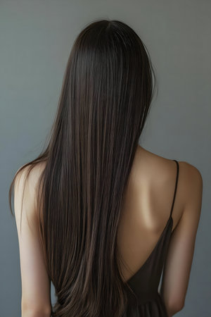 Closeup view of a woman's long, dark, and straight hair.