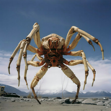 A colossal spider-crab dominates a desert setting, mountains in the background.