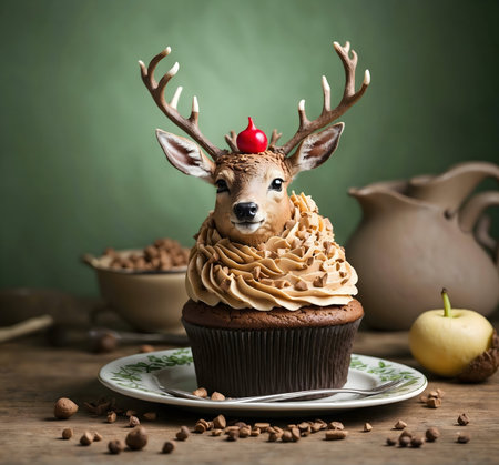 A delightful reindeer-shaped cupcake, perfect for the holidays. Creamy frosting and nuts top this festive treat.の写真素材