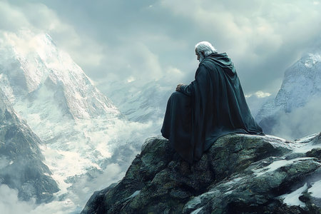 An old man sits on a rock overlooking a snowy mountain range. Calmness and solitude.の写真素材