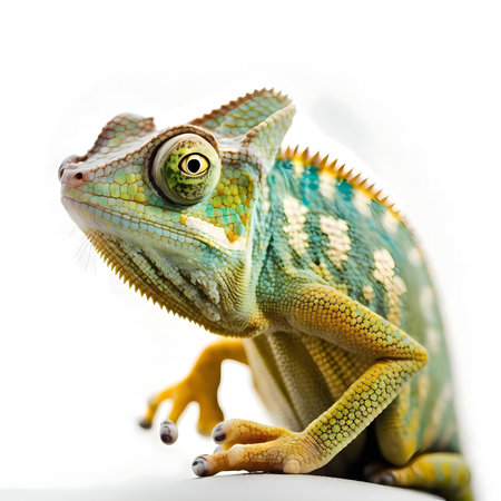 Close-up of a vibrant veiled chameleon against a white backdrop.の写真素材