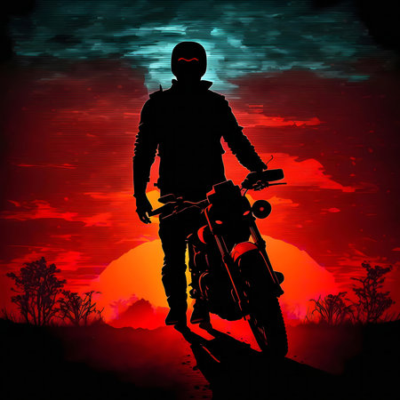 A lone motorcyclist silhouetted against a vibrant sunset.の写真素材