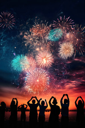 Silhouetted figures watch a breathtaking firework display over a tranquil beach at night.の写真素材