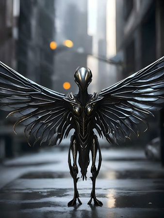 A dark metallic creature with wings stands in a city street.の写真素材