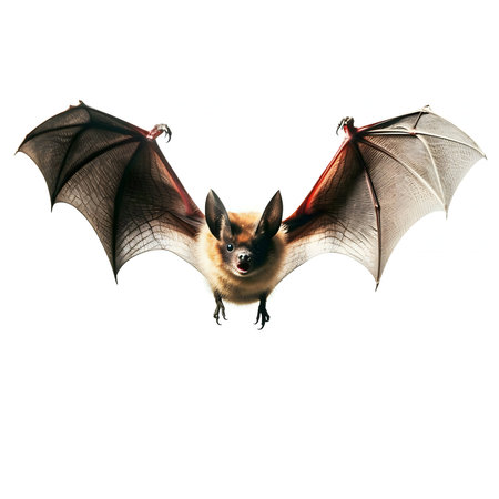 Close-up of a bat in flight, isolated against a white backdrop.