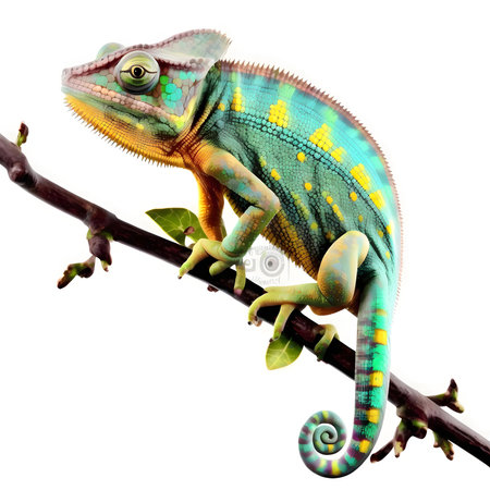 A vibrant panther chameleon perched on a branch against a clean white backdrop.の写真素材