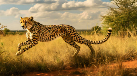 A majestic cheetah gracefully sprints across the golden savanna under a partly cloudy sky.の写真素材