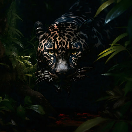 A stunning black jaguar peers intensely from the shadows of the Amazon rainforest.の写真素材