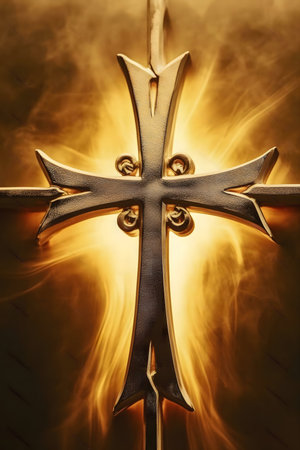 Close-up of an ornate cross, illuminated with warm light, evoking feelings of spirituality and faith.の写真素材