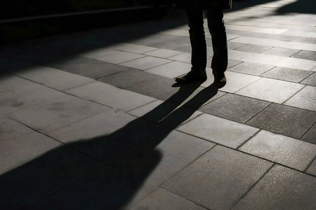 A person's legs and elongated shadow cast on a patterned urban pavement.の写真素材