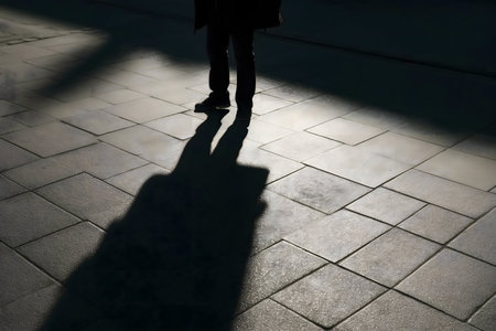 A solitary figure casts a large shadow on a night pavement. Mysterious atmosphere.の写真素材