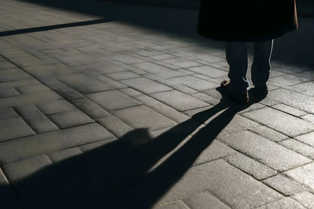 A lone figure's shadow stretches long across the city pavement. Mysterious and still.