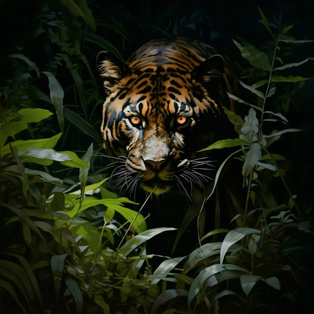 A majestic tiger, eyes glowing, emerges from lush jungle foliage under the cloak of night.の写真素材