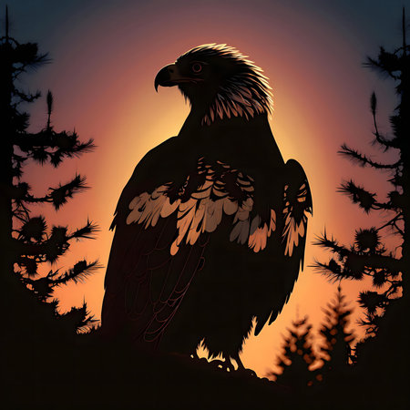 An eagle silhouette against a vibrant sunset.
